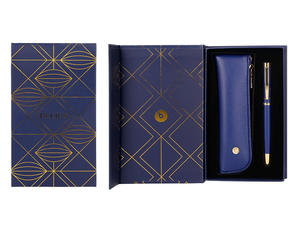 BOLIGRAFO Y ESTUCHE BELIUS SOIREE COLOR AZUL MARINO Y DORADO TINTA AZUL CAJA DE DISEO