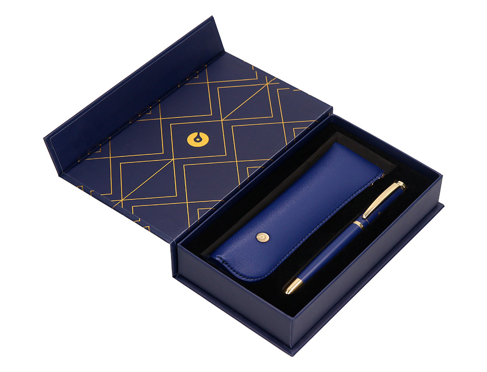 BOLIGRAFO Y ESTUCHE BELIUS SOIREE COLOR AZUL MARINO Y DORADO TINTA AZUL CAJA DE DISEO