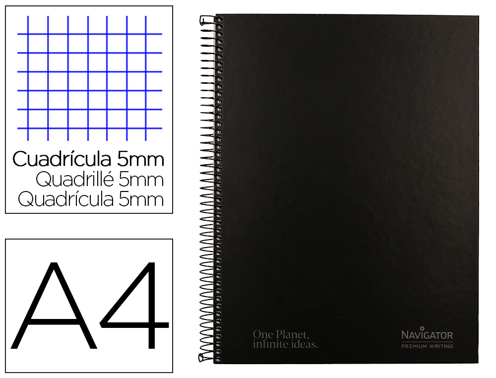 CUADERNO ESPIRAL NAVIGATOR A4 MICRO TAPA FORRADA 80H 80 GR CUADRO 5MM 1 BANDA COLOR NEGRO