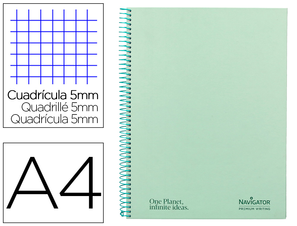 CUADERNO ESPIRAL NAVIGATOR A4 MICRO TAPA FORRADA 80H 80GR CUADRO 5MM 1 BANDA COLOR MENTA