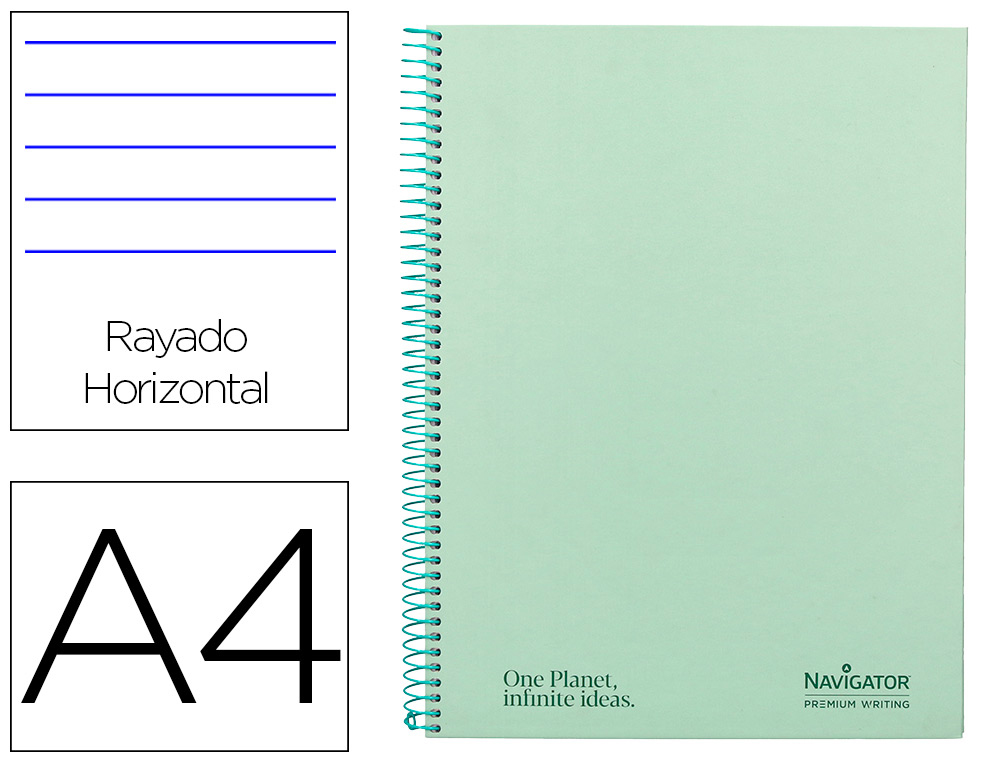 CUADERNO ESPIRAL NAVIGATOR A4 MICRO TAPA FORRADA 120H 80GR HORIZONTAL 5 BANDA 4 TALADROS COLOR MENTA