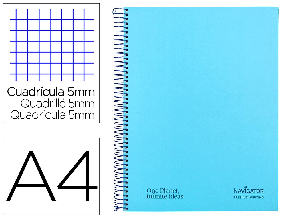 CUADERNO ESPIRAL NAVIGATOR A4 MICRO TAPA FORRADA 80H 80GR CUADRO 5 MM 1 BANDA COLOR CELESTE