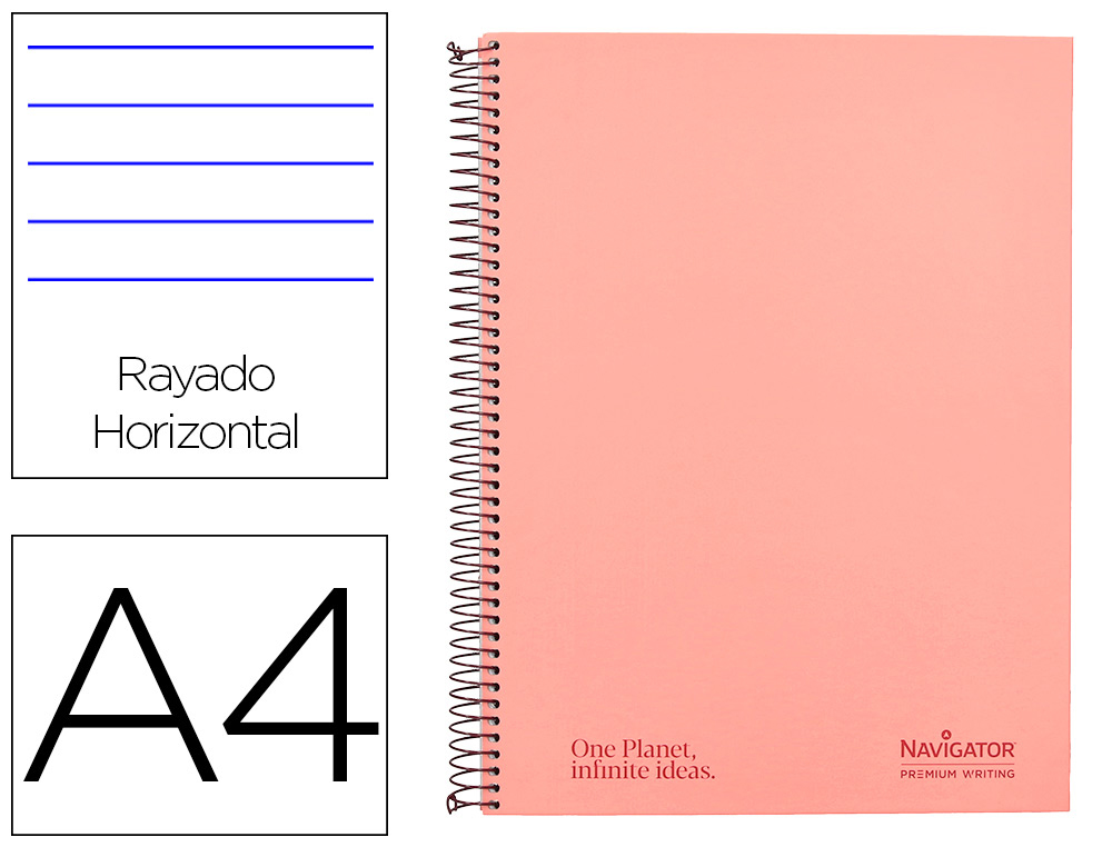 CUADERNO ESPIRAL NAVIGATOR A4 MICRO TAPA FORRADA 80H 80GR HORIZONTAL 1 BANDA COLOR CORAL