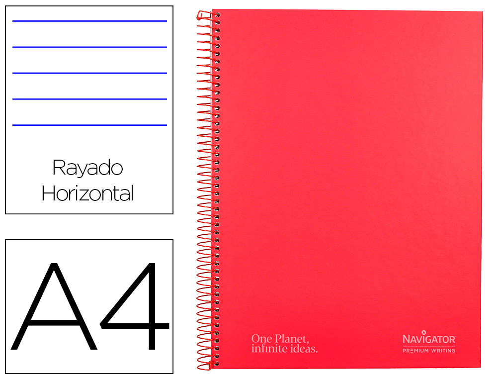 CUADERNO ESPIRAL NAVIGATOR A4 MICRO TAPA FORRADA 120H 80GR HORIZONTAL 5 BANDAS 4 TALADROS COLOR ROJO