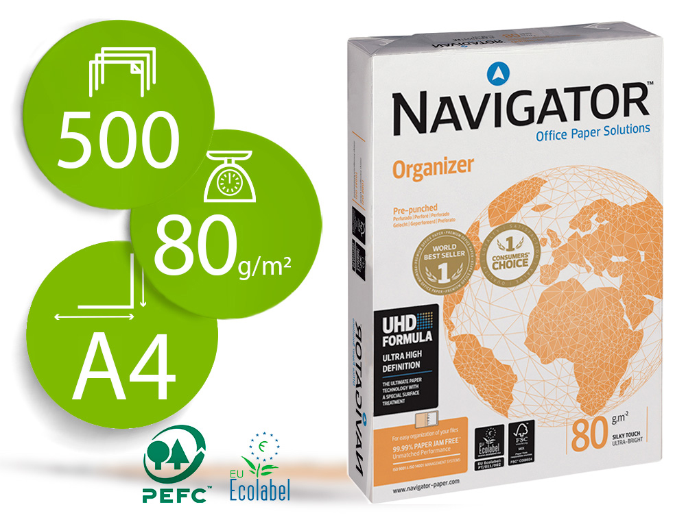 PAPEL FOTOCOPIADORA NAVIGATOR DIN A4 80 GRAMOS 4 TALADROS PAPEL MULTIUSO INK-JET Y LASERPAQUETE DE 500 HOJAS