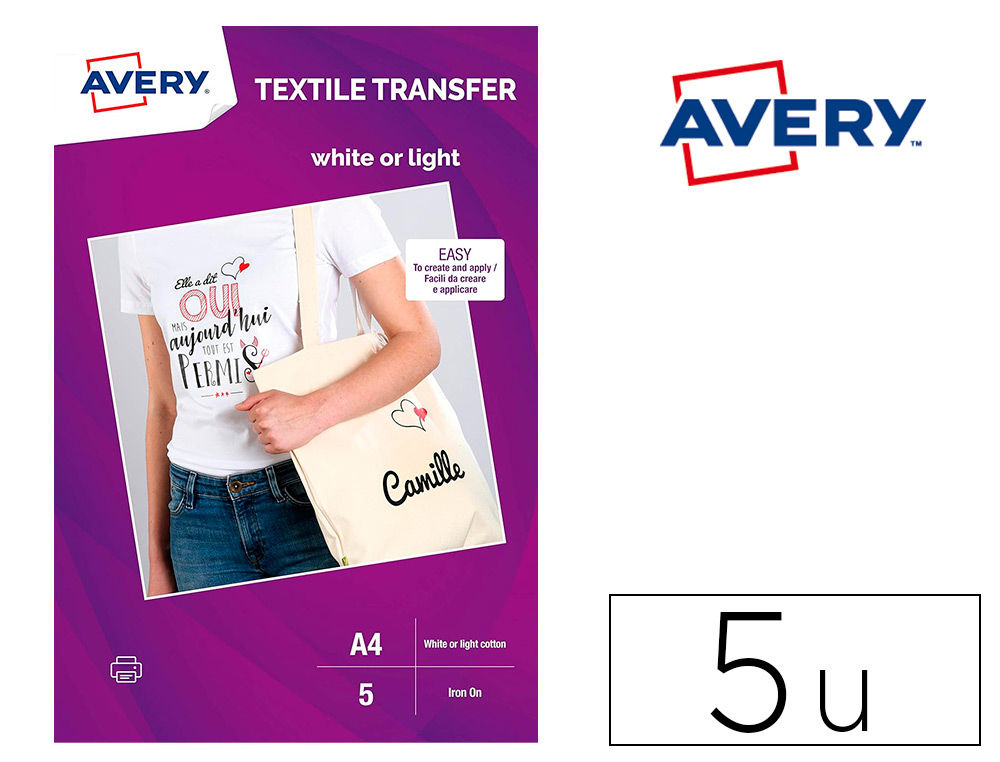 PAPEL TRANSFER AVERY PARA CAMISETAS ALGODON COLOR BLANCO INK-JET DIN A4 PACK DE 8 HOJAS