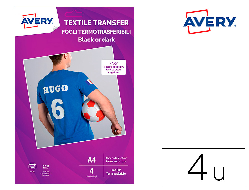 PAPEL TRANSFER AVERY PARA CAMISETAS ALGODON COLORES OSCUROS INK-JET DIN A4 PACK DE 4 HOJAS