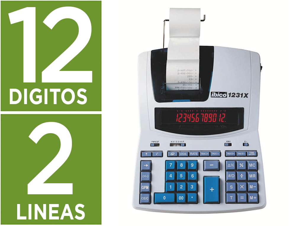 CALCULADORA IBICO 1231X IMPRESORA PANTALLA LCD PAPEL 57 MM 12 DIGITOS 2 COLORES IMPRESION BICOLOR BLANCO/AZUL