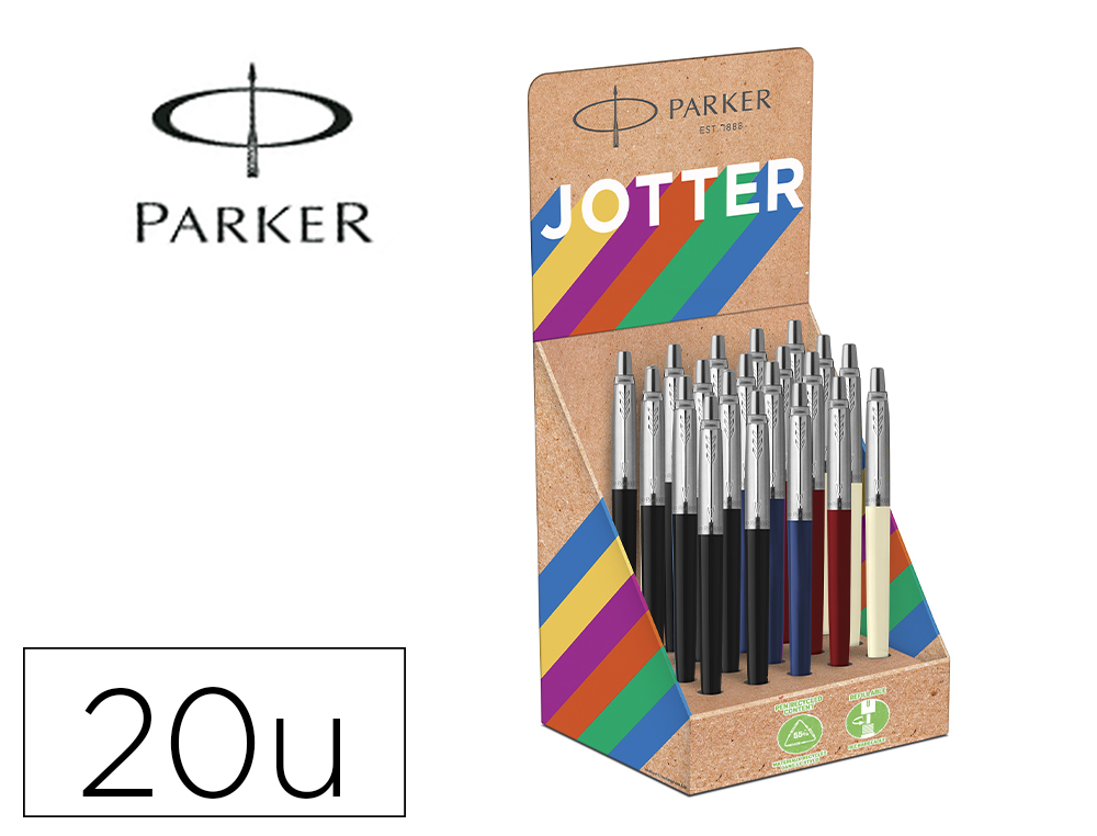 BOLIGRAFO PARKER JOTTER ORIGINALS RECYCLED CLASICO EXPOSITOR 20 UNIDADES CON 5 COLORES SURTIDOS