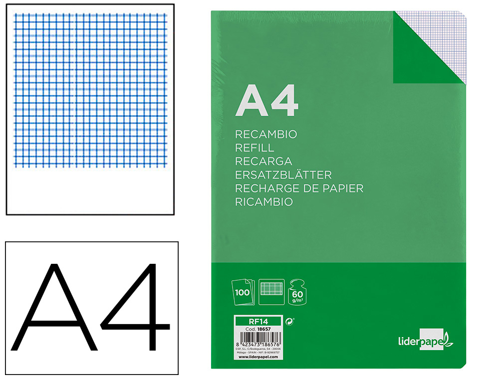 RECAMBIO LIDERPAPEL A4 100 HOJAS 60G/M2 MILIMETRADO SIN MARGEN 16 TALADROS