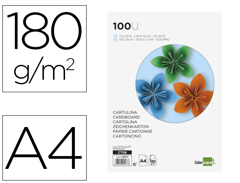 CARTULINA LIDERPAPEL A4 180G/M2 CELESTE PAQUETE DE 100HOJAS