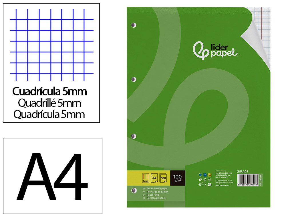 RECAMBIO LIDERPAPEL A4 100 HOJAS 100G/M2 CUADRO 5MM CON MARGEN 4 TALADROS