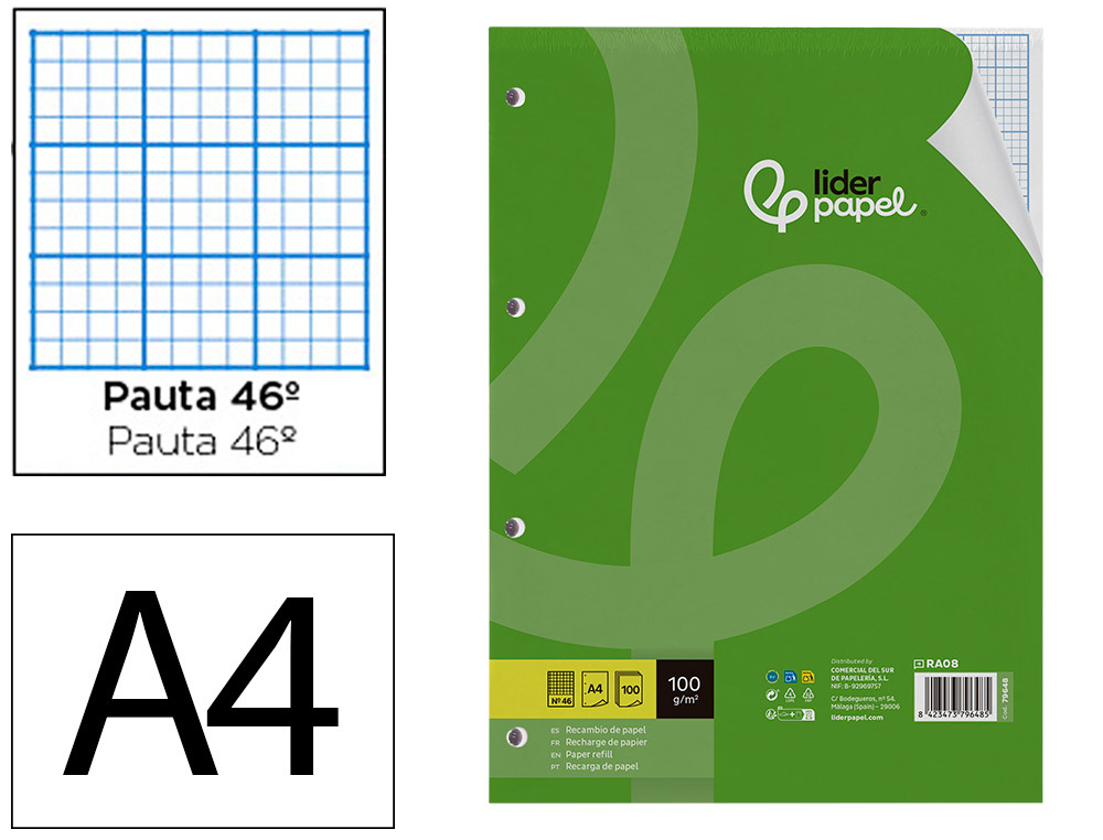 RECAMBIO LIDERPAPEL A4 100 HOJAS 100 G/M2 RAYADO N 46 4 TALADROS